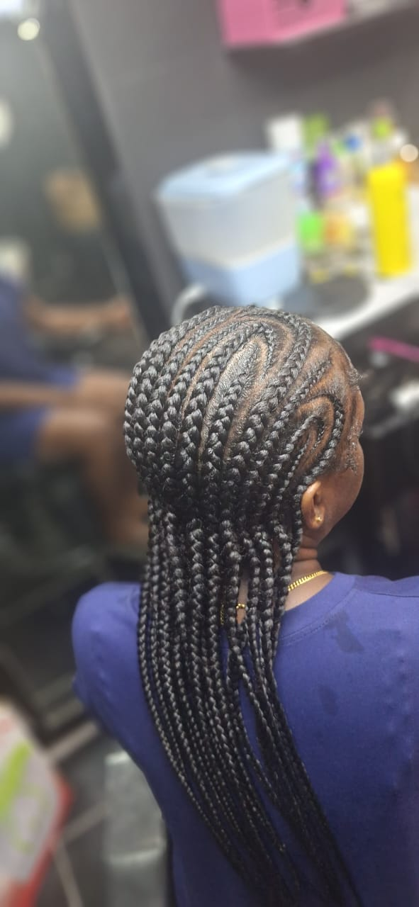 Long stitch braids styled neatly down the back